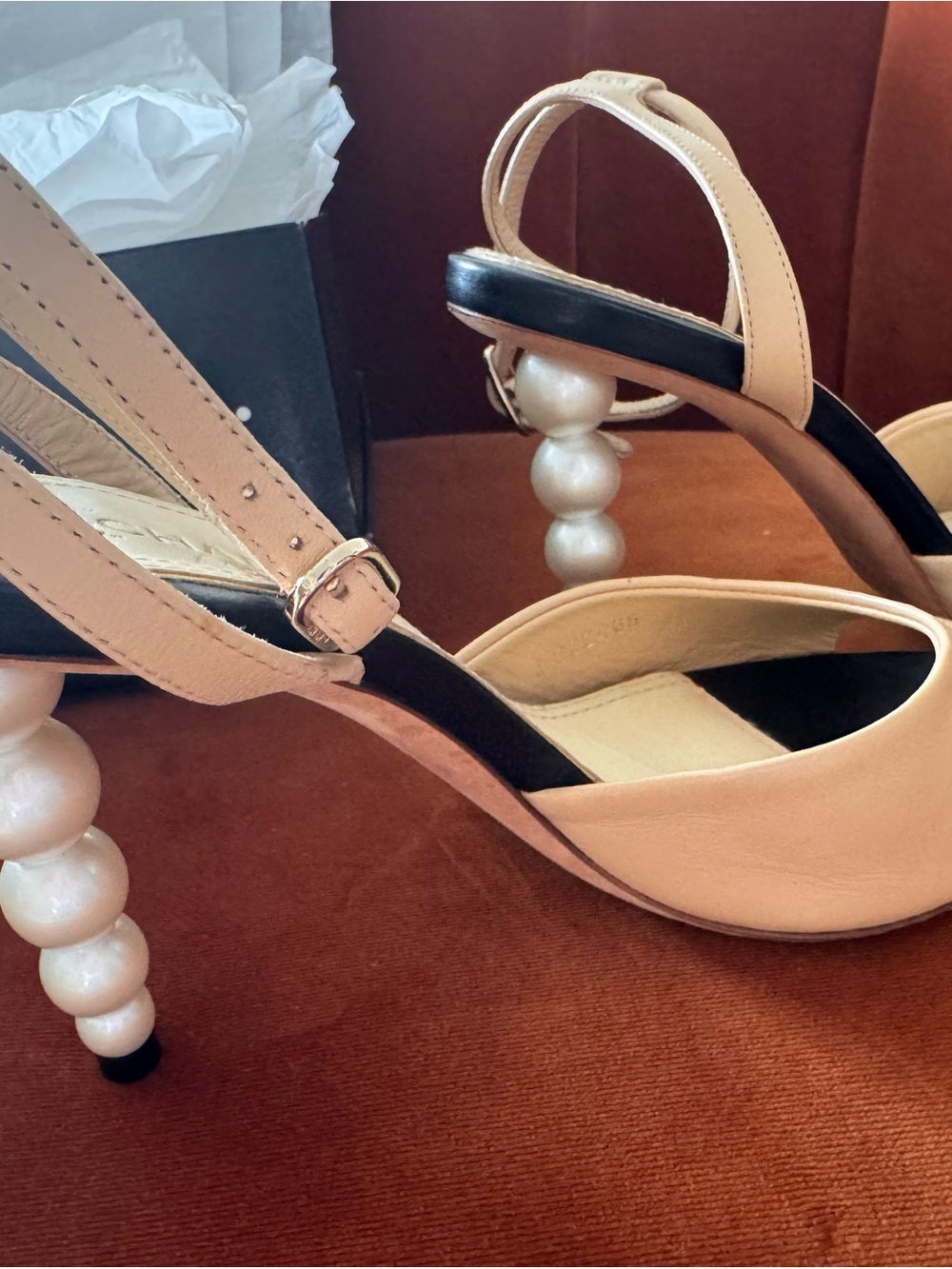 CHANEL Tan Leather Open-Toe Ankle Strap with pearl heels - Picture 10 of 13